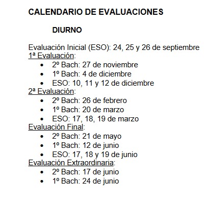 CALENDARIO EVALUACIONES 24-25 DIURNO
